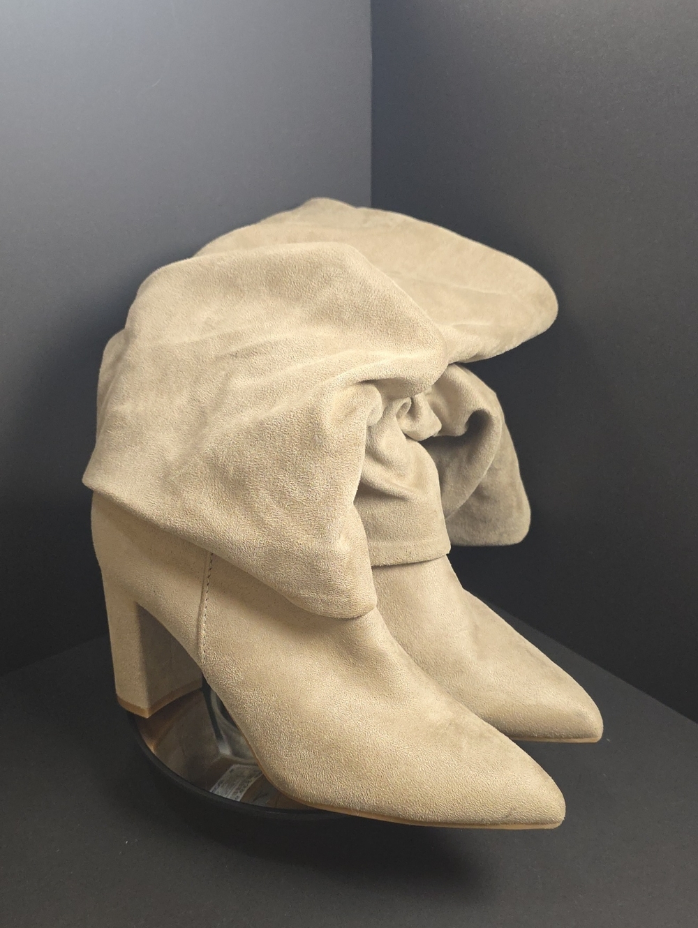 Nine West Taupe Suede Fold-Over Pointed-Toe Block Heel Booties